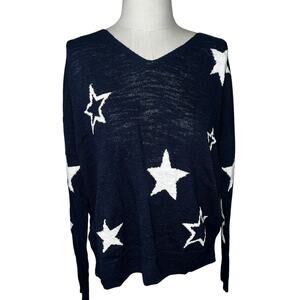 Lou & Grey navy blue v neck light weight sweater with white stars size small USA